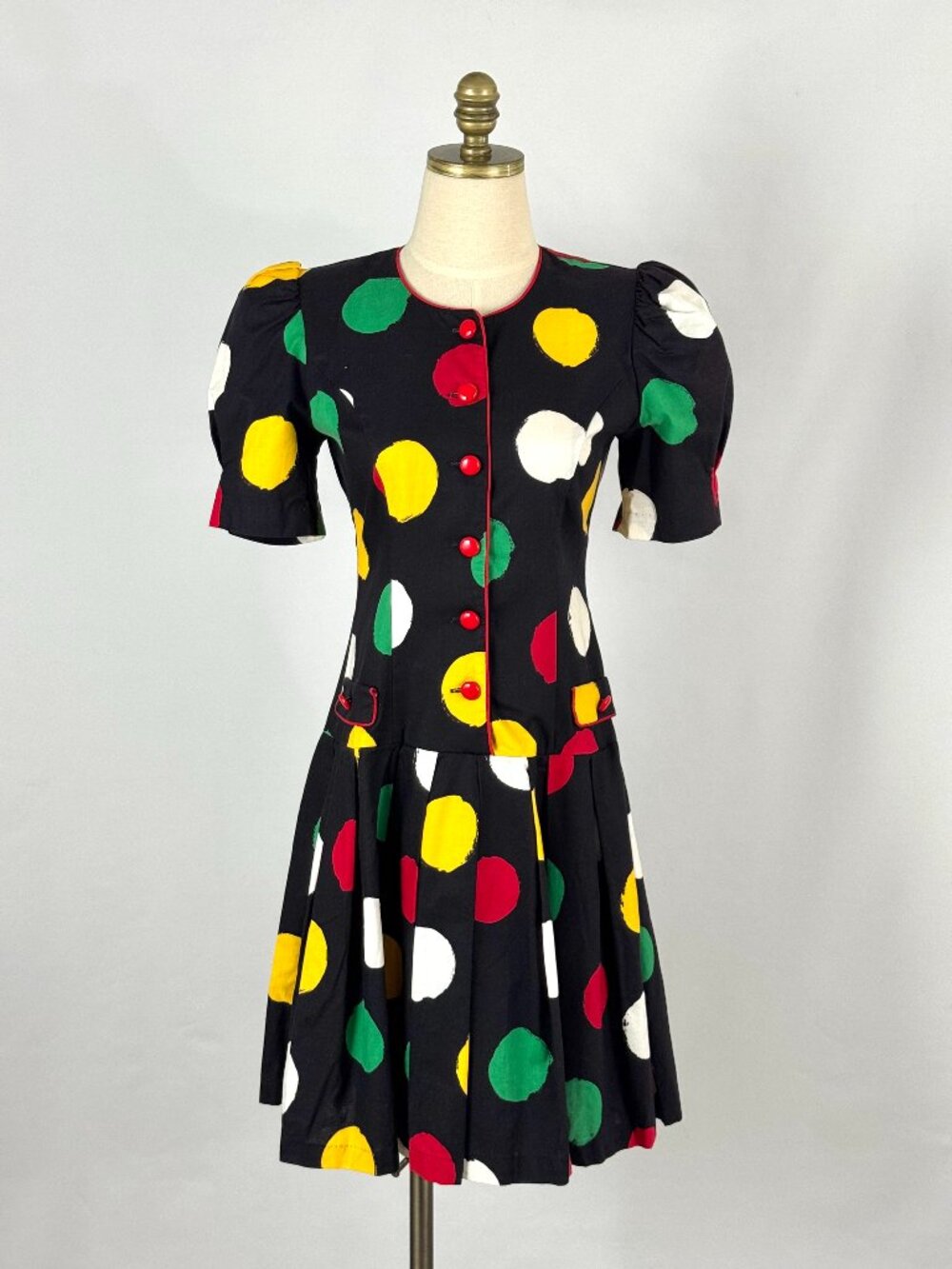 Vtg 80s Colorful Polka Dot Romper Drop Waist Puff Sleeve Clown Dopamine Kidcore